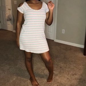 Pink, White & Grey Cold Shoulder Dress